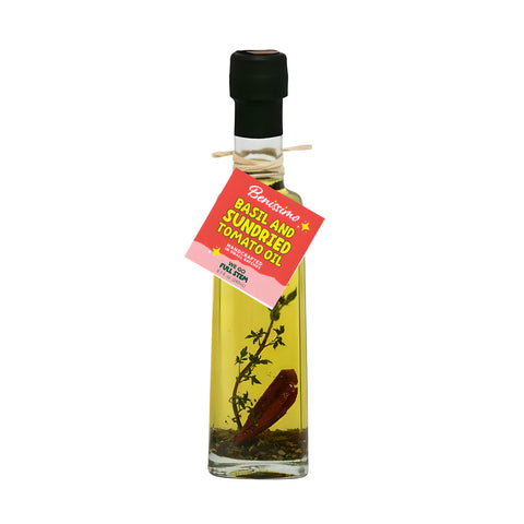 Bottle of Benissimo Basil and Sundried Tomato Oil on a white background