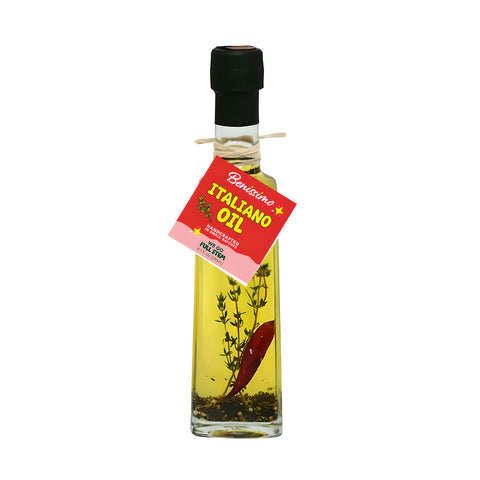 Bottle of Benissimo Italiano Oil on a white background