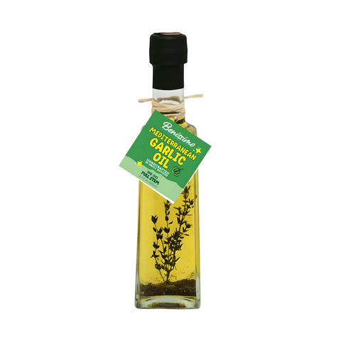 Bottle of Benissimo Mediterranean Garlic Oil on a white background