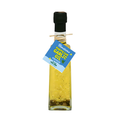 Bottle of Benissimo Parmesan Garlic Oil on a white background