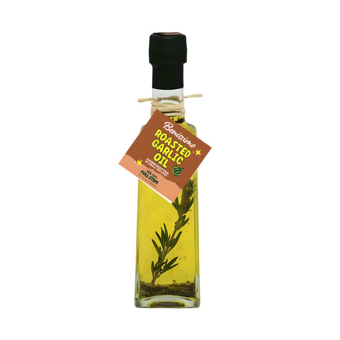 Bottle of Benissimo Roasted Garlic Oil on a white background