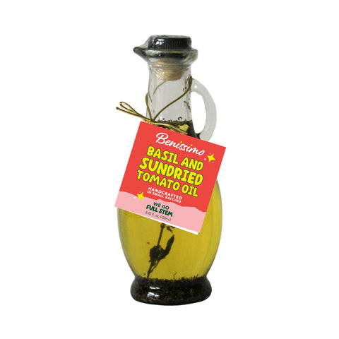 Bottle of Benissimo Basil and Sundried Tomato Oil on a white background