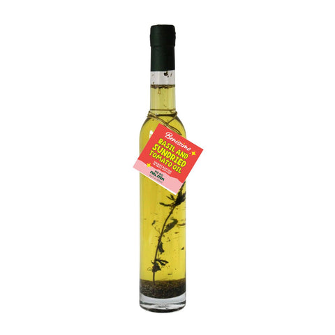 Bottle of Benissimo Basil and Sundried Tomato Oil on a white background