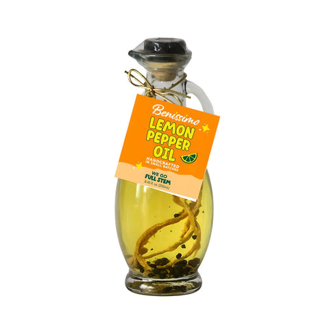Bottle of Benissimo Lemon Pepper Oil on a white background