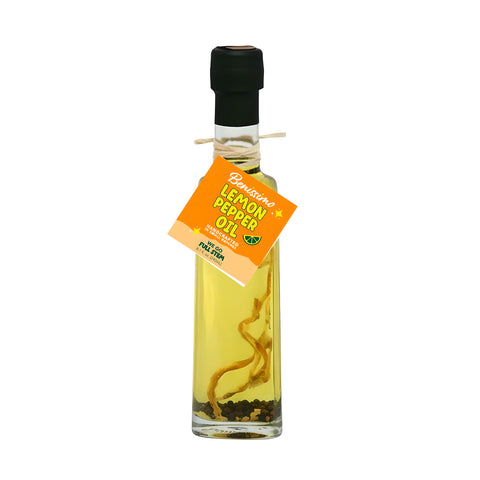 Bottle of Benissimo Lemon Pepper Oil on a white background