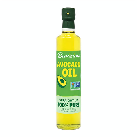 Bottle of Benissimo Avocado Oil on a white background