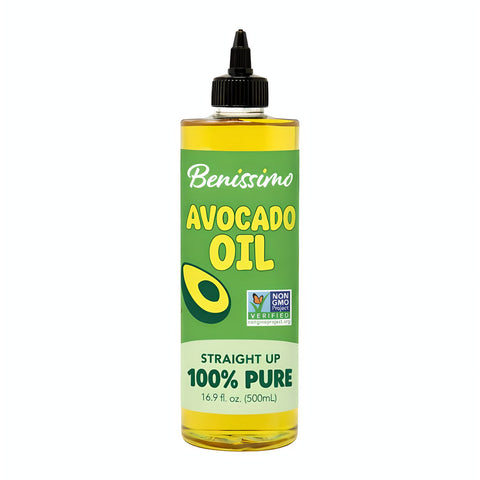 Bottle of Benissimo Avocado Oil on a white background