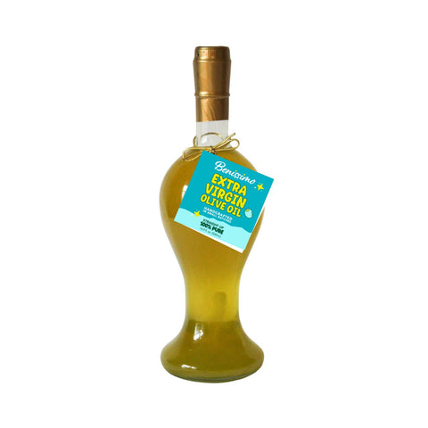 Bottle of Benissimo Extra Virgin Olive Oil on a white background