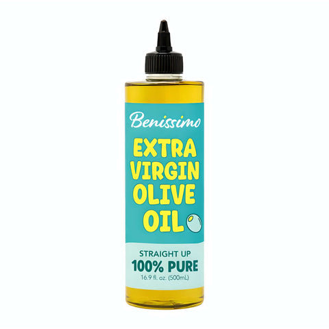 Bottle of Benissimo Extra Virgin Olive Oil on a white background