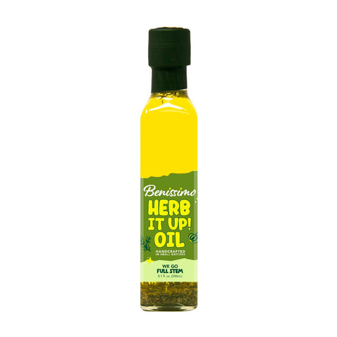 Bottle of Benissimo Herb It Up Oil on a white background