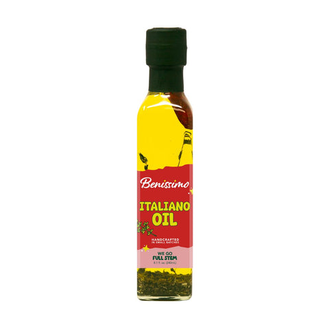 Bottle of Benissimo Italiano Oil on a white background