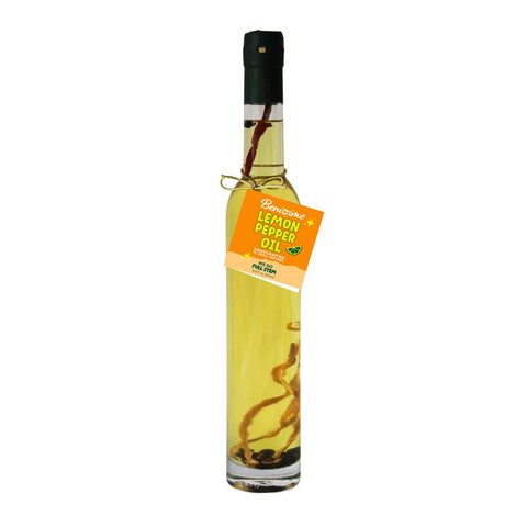 Bottle of Benissimo Lemon Pepper Oil on a white background