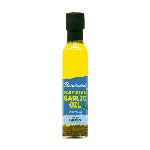 Bottle of Benissimo Parmesan Garlic Oil on a white background