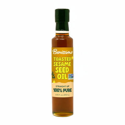 Bottle of Benissimo Toasted Sesame Oil on a white background