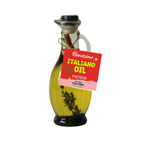 Bottle of Benissimo Italiano Oil on a white background