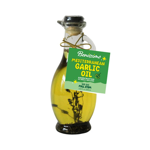 Bottle of Benissimo Mediterranean Garlic Oil on a white background