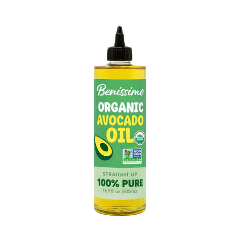 Bottle of Benissimo Organic Avocado Oil on a white background