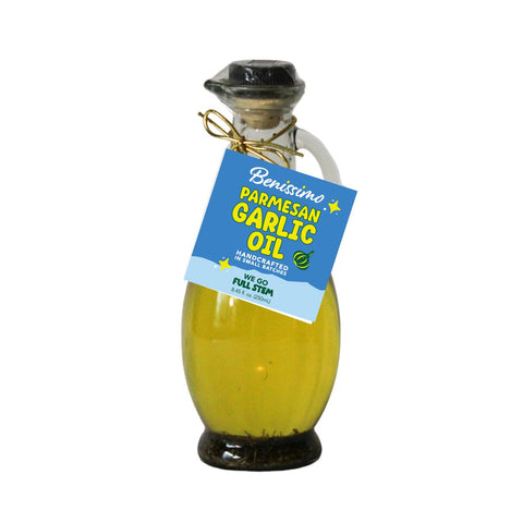 Bottle of Benissimo Parmesan Garlic Oil on a white background