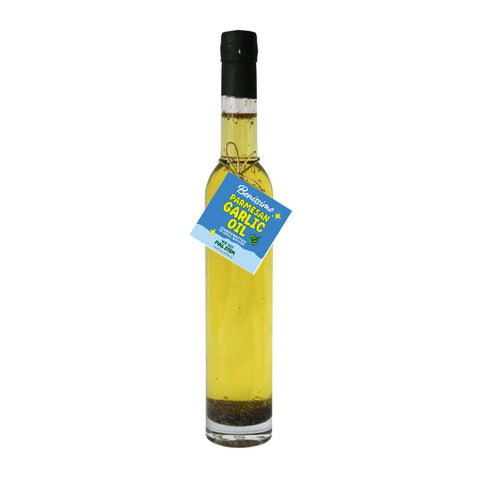 Bottle of Benissimo Parmesan Garlic Oil on a white background